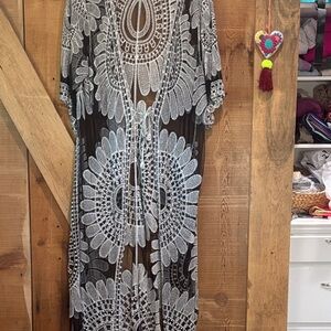 Women's Black Lace Floral Swim Coverup